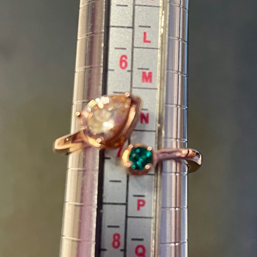Peach Morganite w/Lab Created Emerald 18k Rose Gold Over 925 Silver Ring 0.62ctw - Picture 5 of 7
